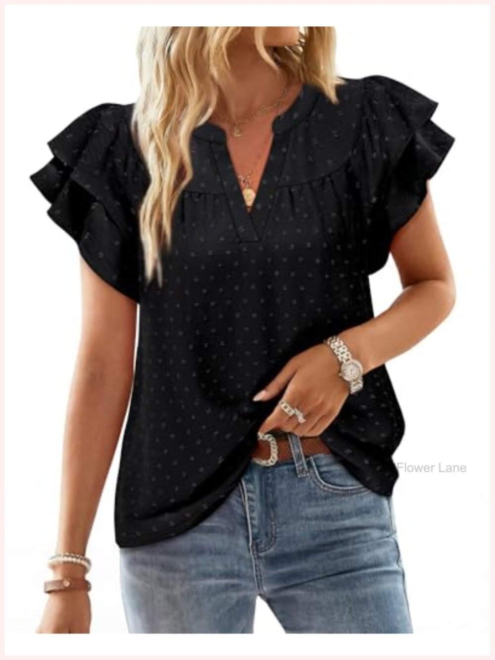 Ruffle Sleeve V Neck Swiss Dot Blouse